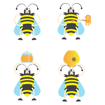 a boy in a bee costume,vector image, flat design, cartoon character,icon set