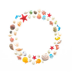 Colorful marine decorations on white background, flat lay, top view