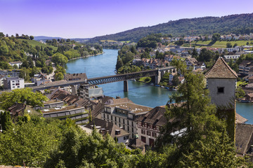 Fototapeta na wymiar Town Schaffhausen, Switzerland. River Rhine and the railway bridge.