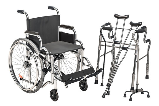 Wheelchair, walking frame and crutches, 3D rendering