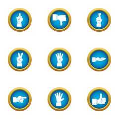 Hand gesture icons set. Flat set of 9 hand gesture vector icons for web isolated on white background
