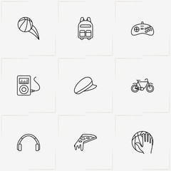 Teenager line icon set with bicycle, backpack and headphone