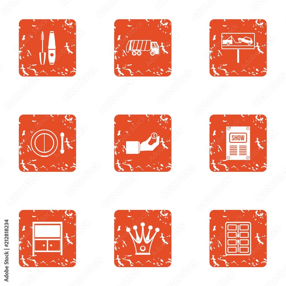 Poster evacuation machine icons set. grunge set of 9 evacuation machine vector icons for web isolated on wh