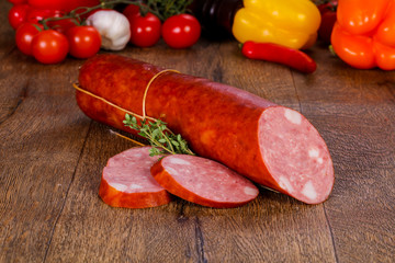 Pork sausages over wooden
