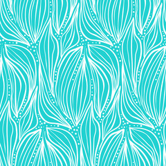Abstract magic seamless pattern with white lined leaves and drops on blue. Surreal floral textrure for textile, wrapping paper, print design, surface