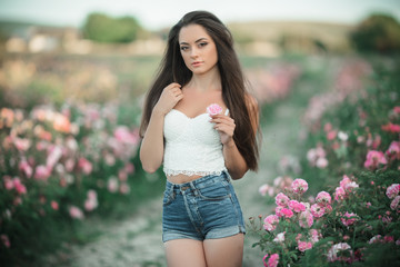 Happy smiling woman is resting in pink blossom garden of beautiful roses, summer time