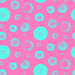 Bright seamless pattern with grunge scratched blue circles on pink. Fashion contrast colors scribbled round elements texture for textile, wrapping paper, background, surface, graphic design, wallpaper