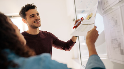 Business colleagues discussing work on a whiteboard in office