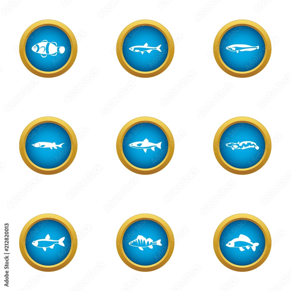 Poster catch fish icons set. flat set of 9 catch fish vector icons for web isolated on white background