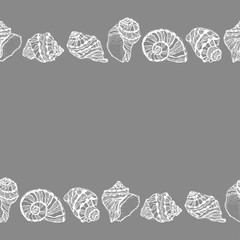 Vector seamless decorative border from white seashell on gray background. Hand drawn sketches mollusk sea shells.