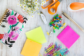 Obraz premium Office Supplies on White Wood Work Desk