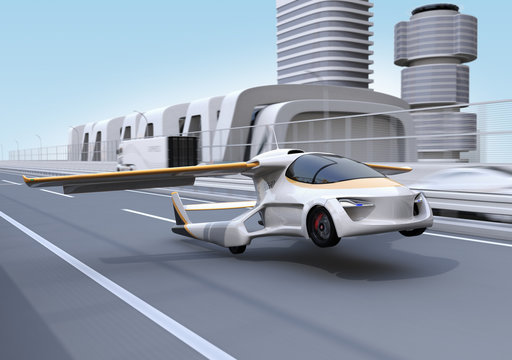 Futuristic flying car takes off from highway. Fast transportation without traffic jam concept. 3D rendering image.