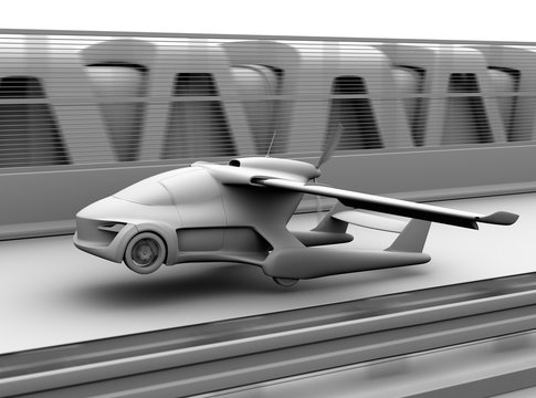 Clay shading rendering of futuristic flying car takes off from highway. 3D rendering image.