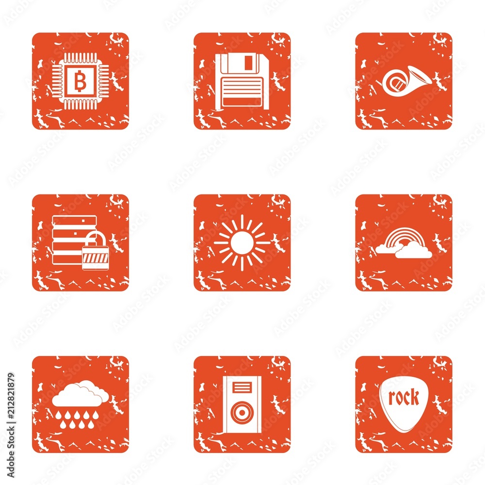 Aufkleber online coin icons set. grunge set of 9 online coin vector icons for web isolated on white background