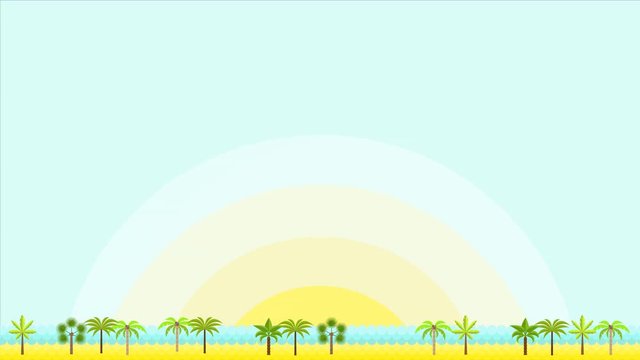 Animation summer vector illustration for site header, footer, web banner, flyer or postcard, modern flat design conceptual landscapes with sea/ocean, beach, palms and mountains. Full HD.