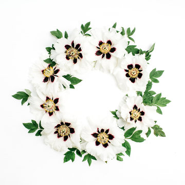 Frame wreath of white peony flowers bouquet on white background. Flat lay, top view mock up.