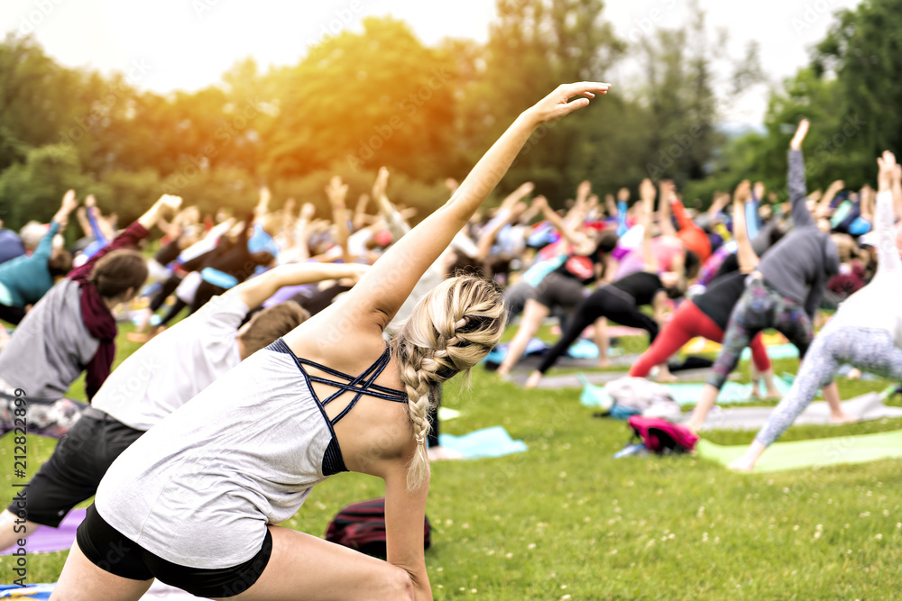 Wall mural big group of adults attending a yoga class outside in park