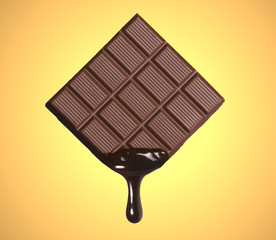 Dark chocolate bar and melted brewing drop on yellow background.