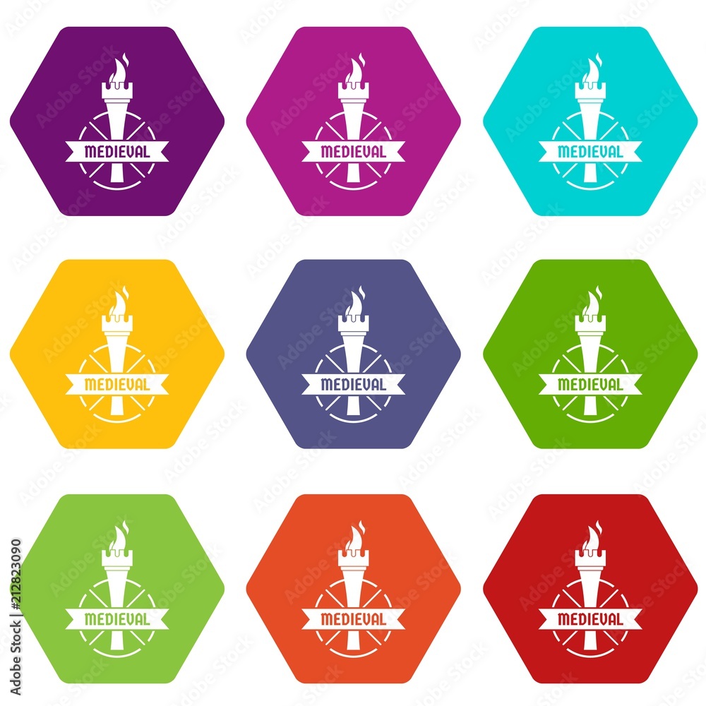 Poster torch icons 9 set coloful isolated on white for web