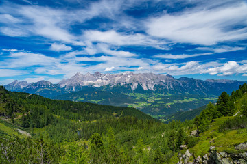 Wide view of Hohe Dachstein mountain range in Austria on a day with beautiful sky