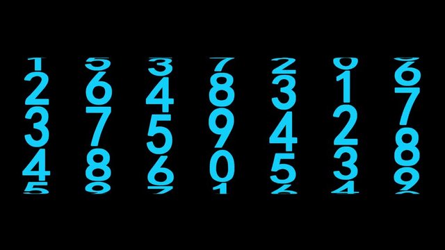 Blue numerals of the counter on black background, 3d animation, seamless loop.