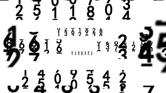 Zoom into black numbers on white background, seamless loop 3d animation.