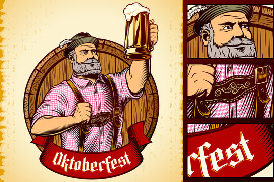 Glass of beer in rising up hand of man in traditional bavarian clothes on background of wooden barrel. Ribbon with title Oktoberfest. Vector vintage graphic illustration in retro engraving ink style.