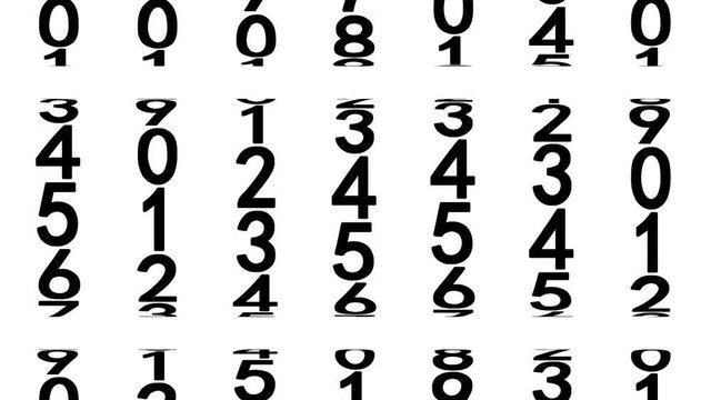 Black numerals of the counter moving up on white background. Seamless loop 3d animation.