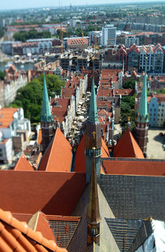 Townscape  with red roofs in old city Gdansk made from top, aerial landscape with tilt-shift effect in summer