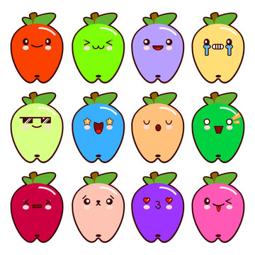 Set of 12 modern emoticons cute cartoon apple with different emotions. Vector Illustration Flat style.
