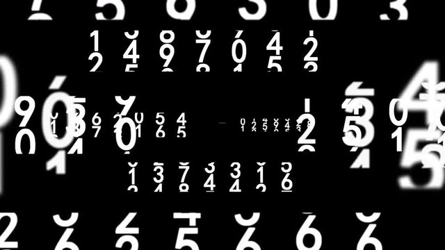 Zoom out from white numbers on black background, seamless loop 3d animation.