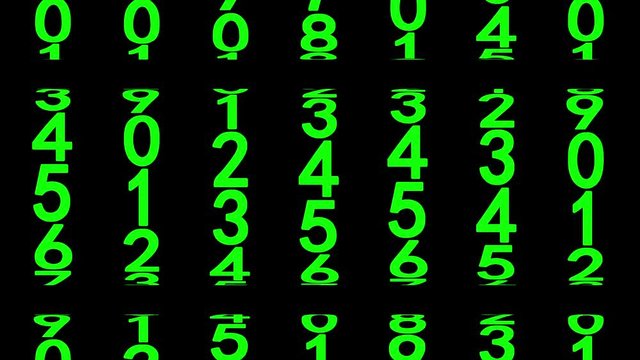 Green numerals of the counter moving up on black background. Seamless loop 3d animation.