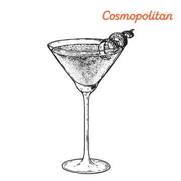 Cosmopolitan cocktail illustration. Alcoholic cocktails hand drawn vector illustration. Sketch style.