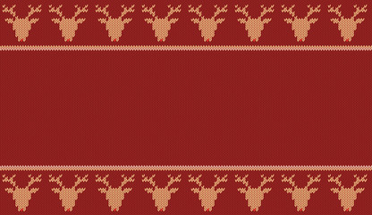Seamless knitted  texture on burgundy, red background with yellow deers. 