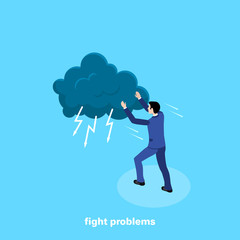 a man in a business suit pushes a black storm cloud, an isometric image