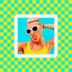 Stylish blonde in trendy summer accessories. Sunglasses, choker, earrings. Fashion geometry collage...