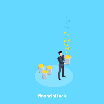 a man in a business suit stands with a bucket under falling gold coins, an isometric image