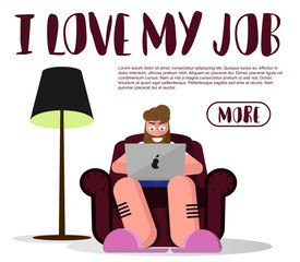 Bearded man programmer (freelancer) at work concept banner. Can use for web banner, infographics, hero images. Hipster bearded freelancer, on the chair working on laptop on white background