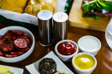 Set with different appetizers in small portions, healthy and delicious snacks