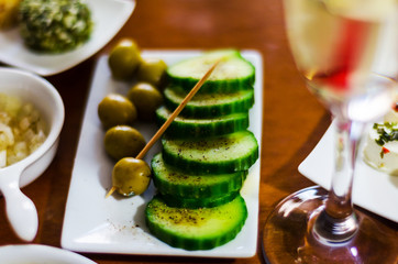 Set with different appetizers in small portions, healthy and delicious snacks