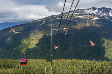 view on above on the tops of the trees, the cable car and gondolas with people riding to the mountains © Viktor Birkus