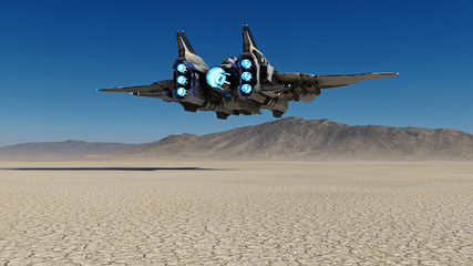 Alien spaceship flying over a deserted planet with blue sky in the background, sci-fi scene, 3D rendering