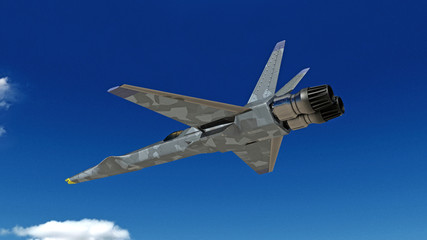 Fighter Jet, futuristic military airplane flying with blue sky in the background, bottom view, 3D rendering