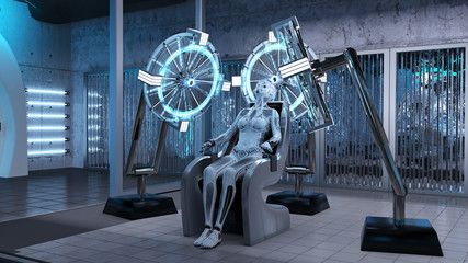 Humanoid robot, female android sitting in a chair in a sci-fi lab, cyborg production assembly line, 3D render © freestyle_images