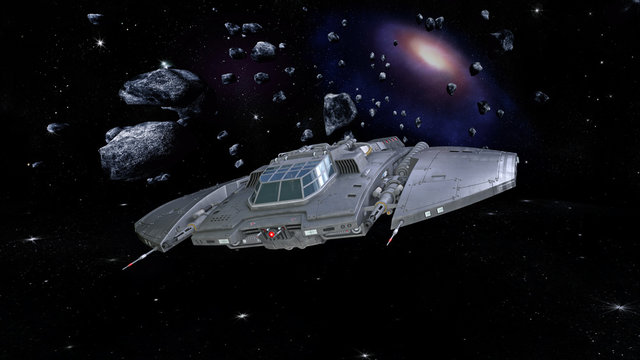 Spaceship in deep space, alien spacecraft in asteroid field flying through the universe, UFO, 3D rendering