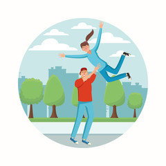 Young and happy couple at city having fun vector illustration graphic design