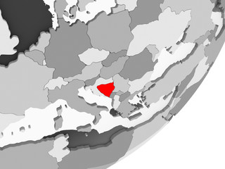 Bosnia and Herzegovina in red on grey map