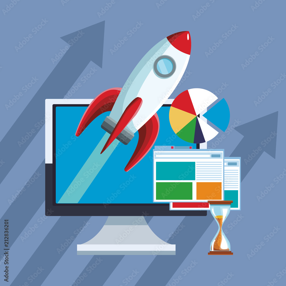 Poster business mobile apps computer with spaceship and browsers vector illustration graphic design