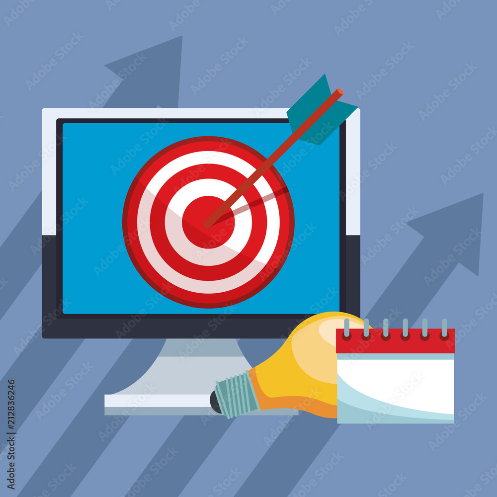 Poster business mobile apps computer with target and schedule vector illustration graphic design