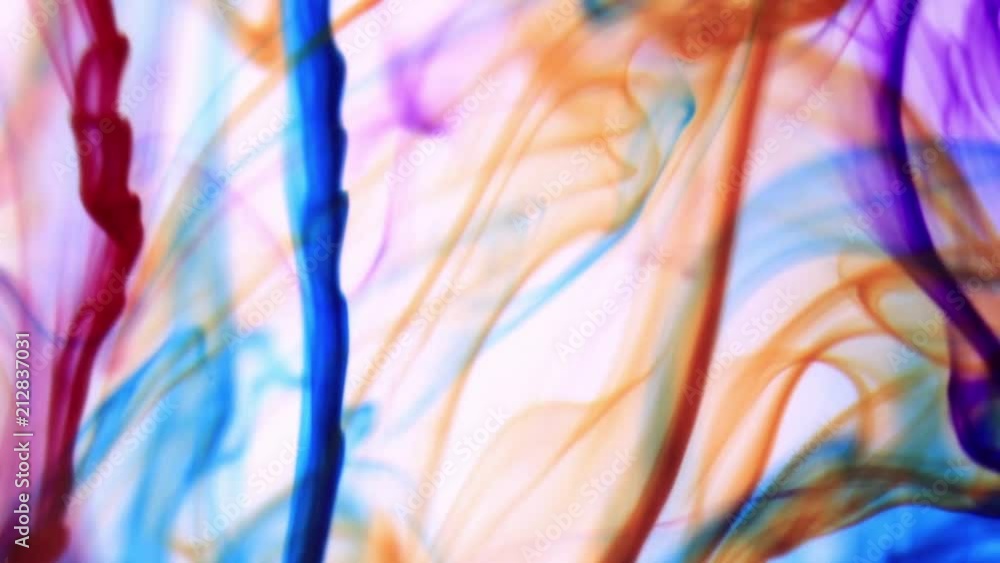 Poster colored paint lines dynamic motion in water. soft ambient background.